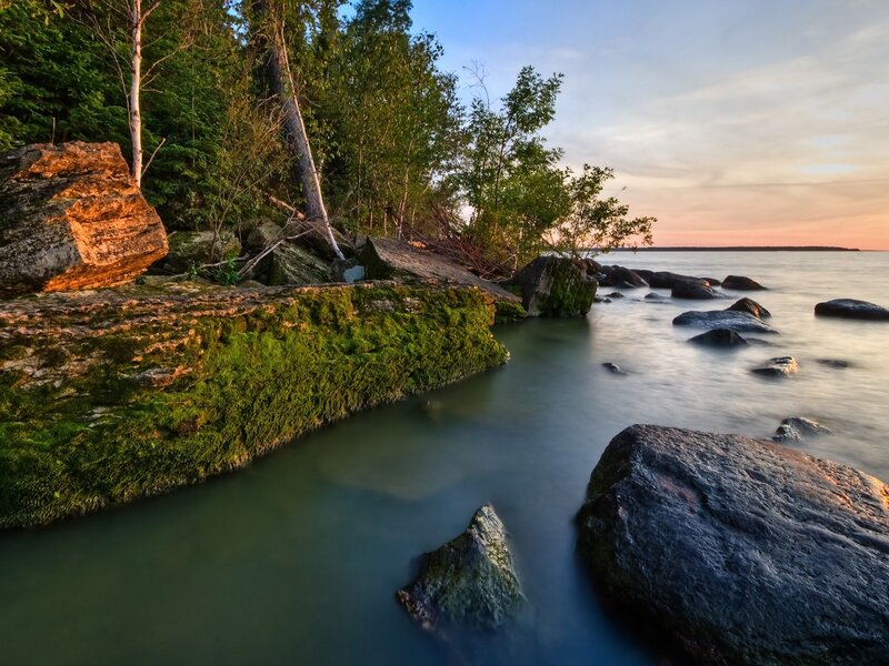 Rocky Shoreline at Sunset — Green