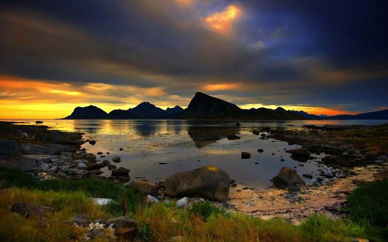 Rocky Shoreline at Sunset — Orange, Dramatic, Photograph, Mountains, Sky