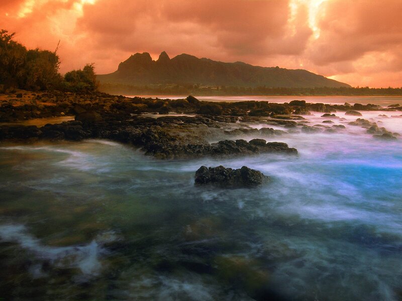 Rocky Shoreline at Sunset — Orange, Dramatic, Photograph, Mountains