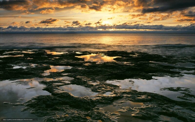 Rocky Shoreline at Sunset — Orange, Dramatic, Photograph, Ocean, Clouds, Puddles