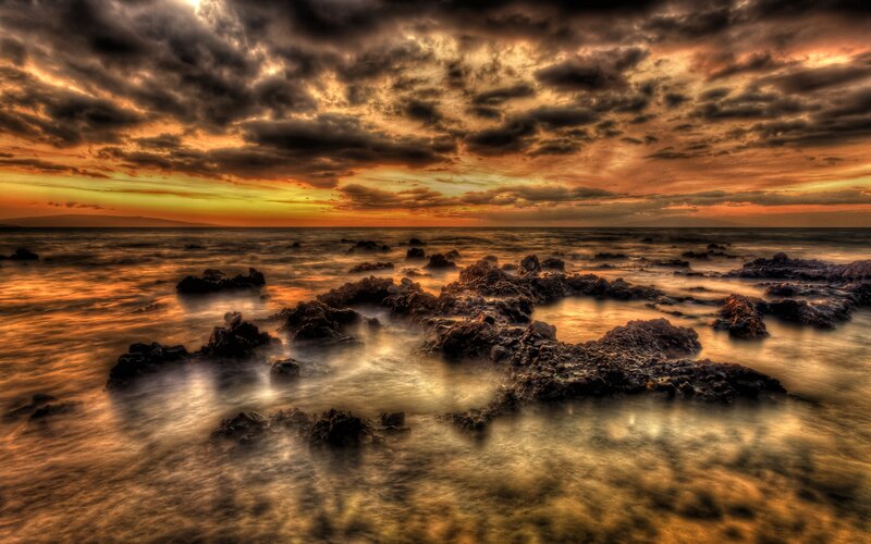 Rocky Shoreline at Sunset — Orange, Dramatic, Photograph, Ocean, Clouds, Rocks