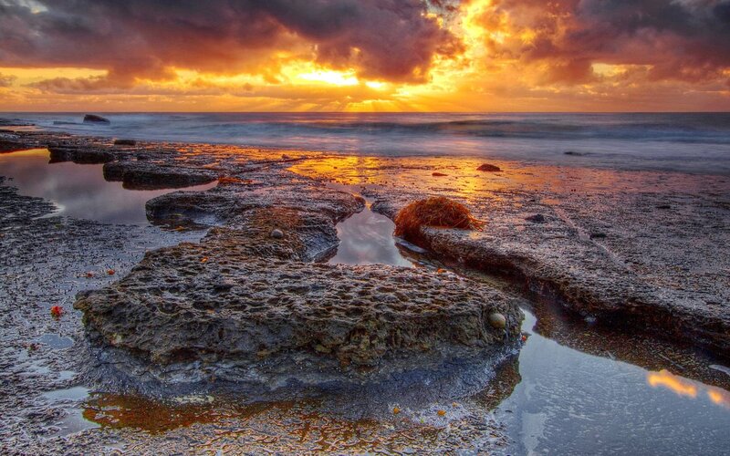 Rocky Shoreline at Sunset — Orange, Dramatic, Photograph, Ocean, Clouds, Seaweed