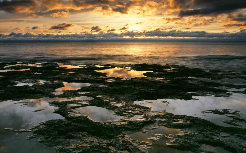 Rocky Shoreline at Sunset — Orange, Dramatic, Photograph, Ocean, Clouds, Sky
