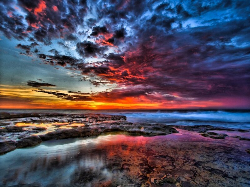 Rocky Shoreline at Sunset — Orange, Dramatic, Photograph, Ocean, Clouds