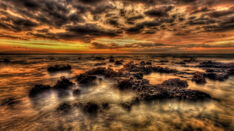 Rocky Shoreline at Sunset — Orange, Dramatic, Photograph, Ocean, Rocks, Clouds