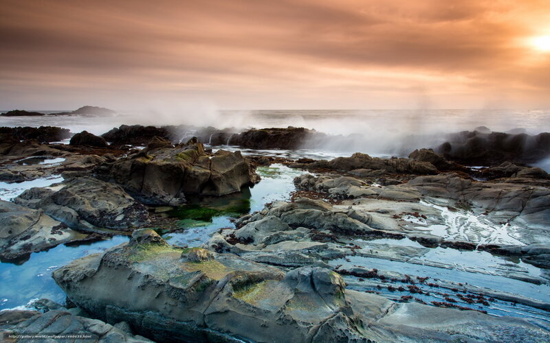 Rocky Shoreline at Sunset — Orange, Dramatic, Photograph, Ocean, Rocks, Sky