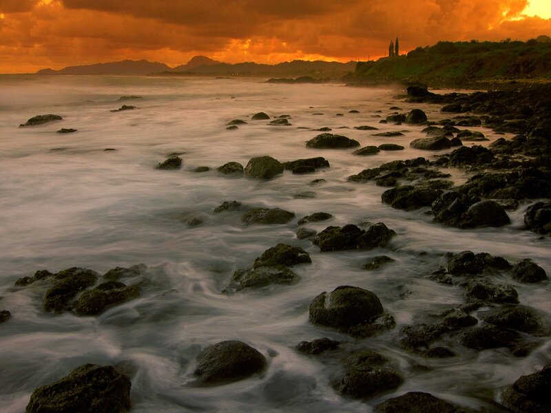 Rocky Shoreline at Sunset — Orange, Dramatic, Photograph, Ocean, Rocks