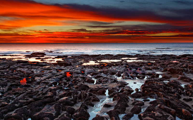 Rocky Shoreline at Sunset — Orange, Dramatic, Photograph, Ocean, Sky