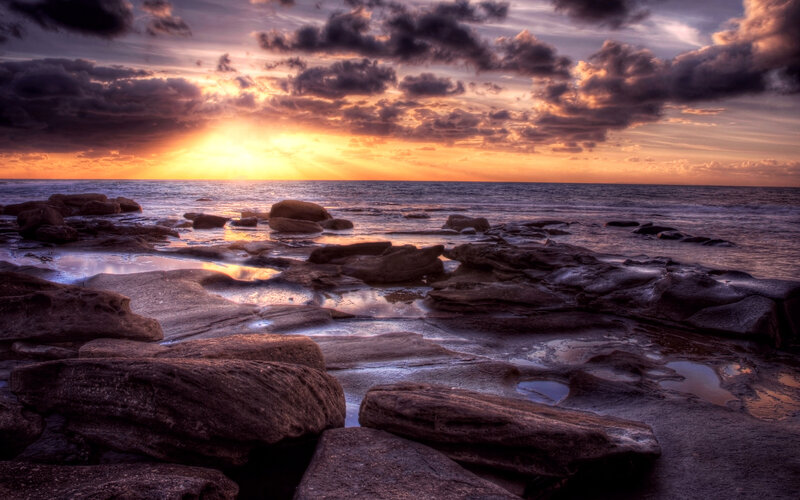 Rocky Shoreline at Sunset — Orange, Dramatic, Photograph, Ocean