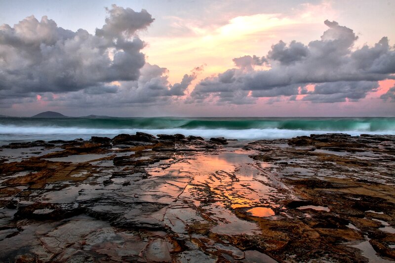 Rocky Shoreline at Sunset — Orange, Dramatic, Photograph, Ocean Waves