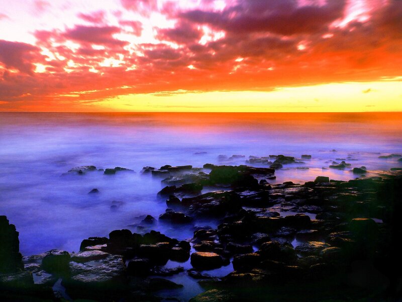 Rocky Shoreline at Sunset — Orange, Dramatic, Photograph, Rocks, Ocean, Sky