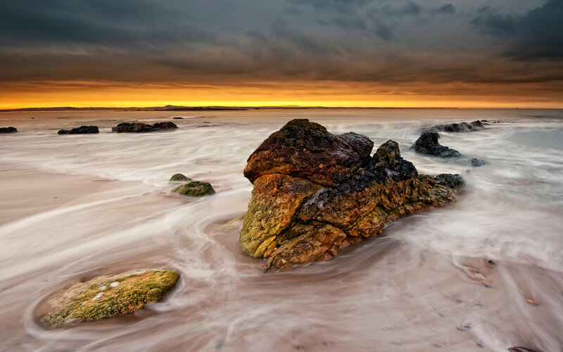 Rocky Shoreline at Sunset — Orange, Dramatic, Photograph, Rocks, Ocean