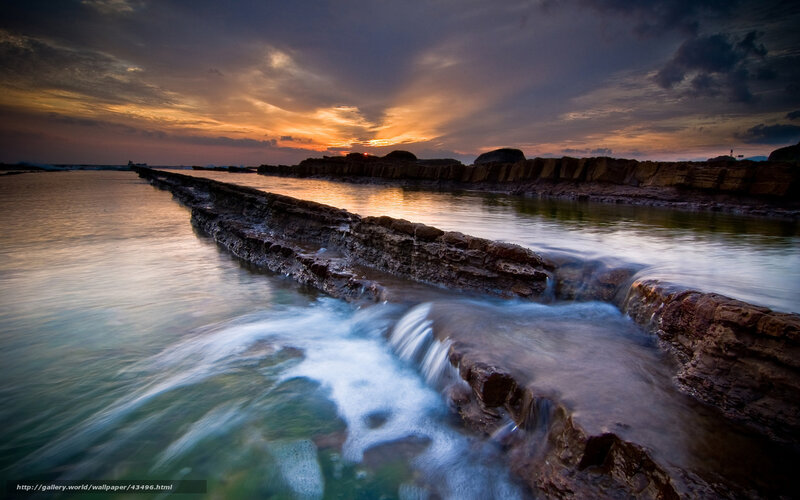 Rocky Shoreline at Sunset — Orange, Dramatic, Photograph, Rocks, Water