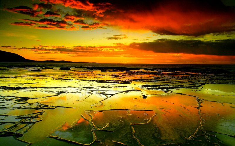 Rocky Shoreline at Sunset — Orange, Dramatic, Photograph, Sky, Ocean