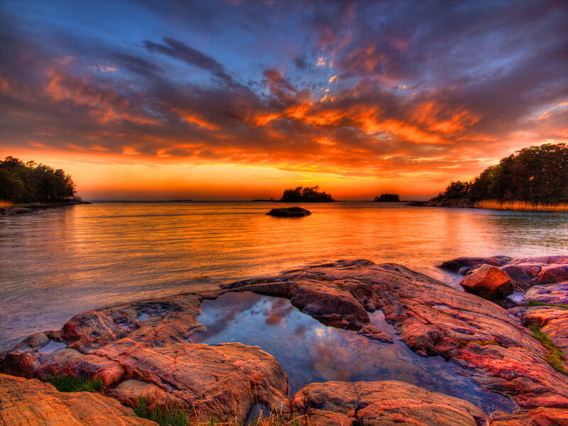 Rocky Shoreline at Sunset — Orange, Dramatic, Photograph, Sky