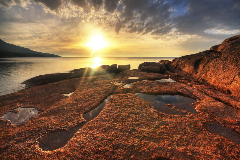 Rocky Shoreline at Sunset — Orange, Dramatic, Photograph, Sun, Ocean, Clouds
