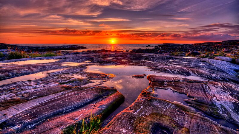 Rocky Shoreline at Sunset — Orange, Dramatic, Photograph, Sun, Ocean