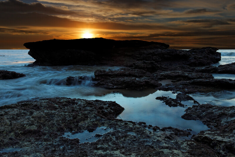 Rocky Shoreline at Sunset — Orange, Dramatic, Photograph, Sun