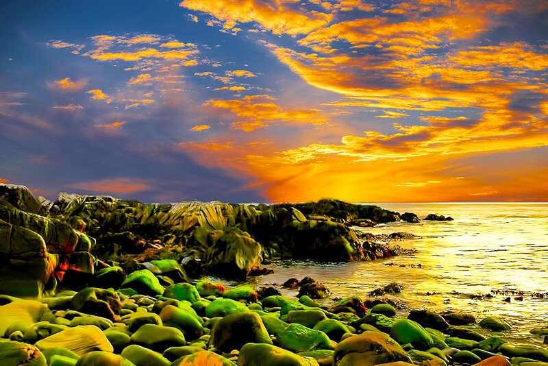 Rocky Shoreline at Sunset — Orange, Dramatic