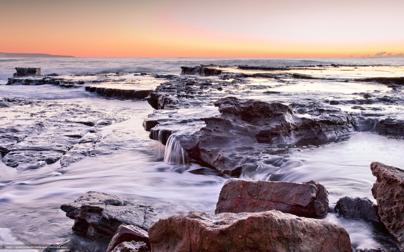 Rocky Shoreline at Sunset — Orange, Serene, Photograph, Ocean, Rocks, Sky