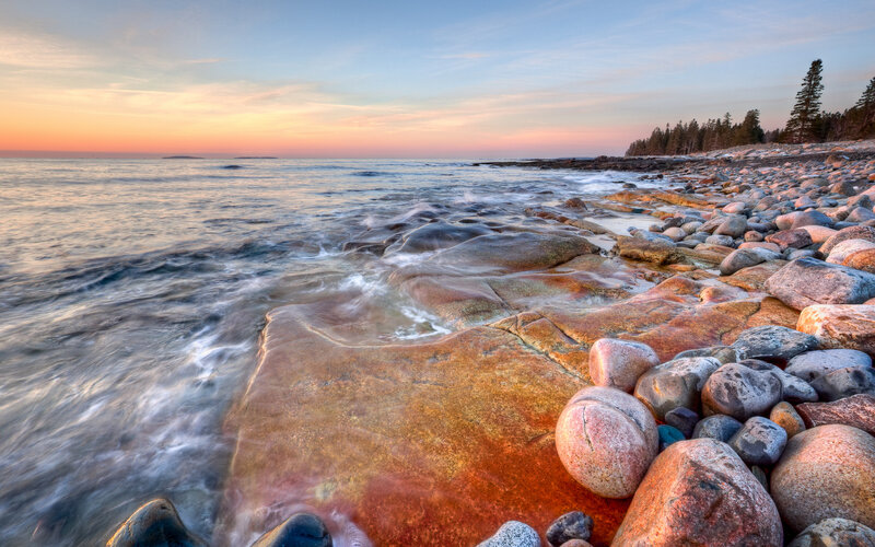 Rocky Shoreline at Sunset — Orange, Serene, Photograph, Ocean, Rocks