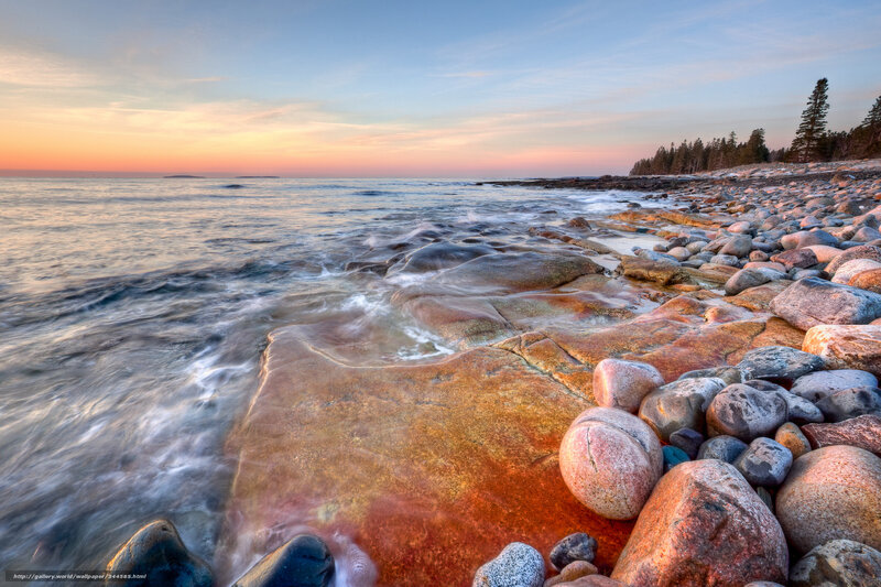Rocky Shoreline at Sunset — Orange, Serene, Photograph, Ocean, Rocks, Trees