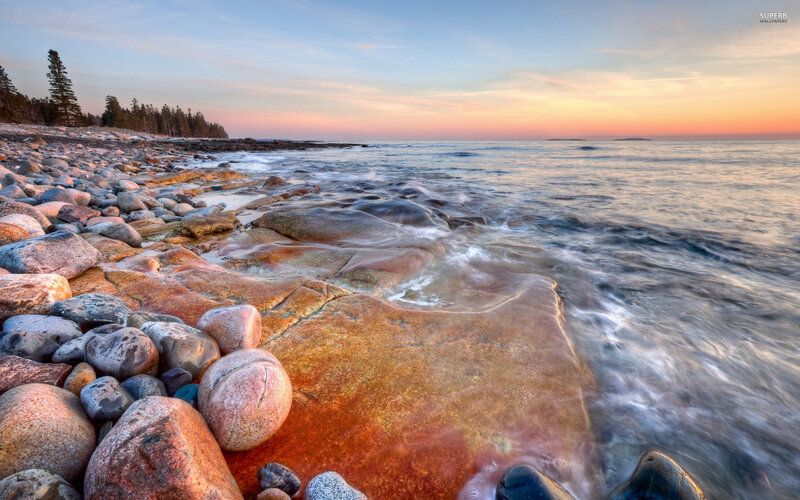 Rocky Shoreline at Sunset — Orange, Serene, Photograph, Ocean, Trees, Sky