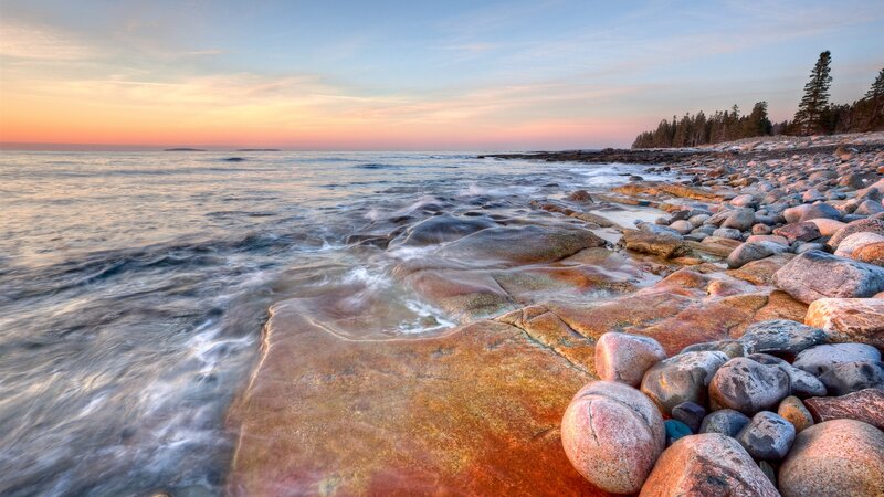 Rocky Shoreline at Sunset — Orange, Serene, Photograph, Ocean, Trees
