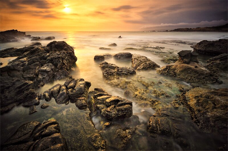 Rocky Shoreline at Sunset — Orange, Serene, Photograph, Rocks, Ocean