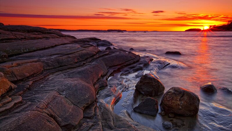 Rocky Shoreline at Sunset — Orange, Serene, Photograph, Sun, Ocean
