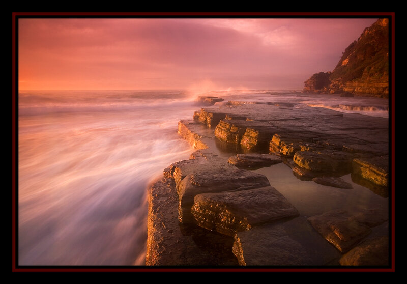 Rocky Shoreline at Sunset — Pink, Dramatic, Photograph, Ocean, Waves