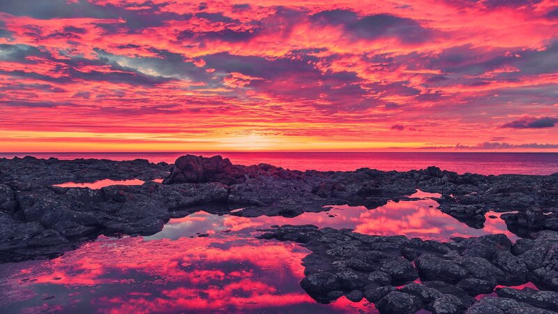 Rocky Shoreline at Sunset — Pink, Dramatic, Photograph, Rocks, Ocean