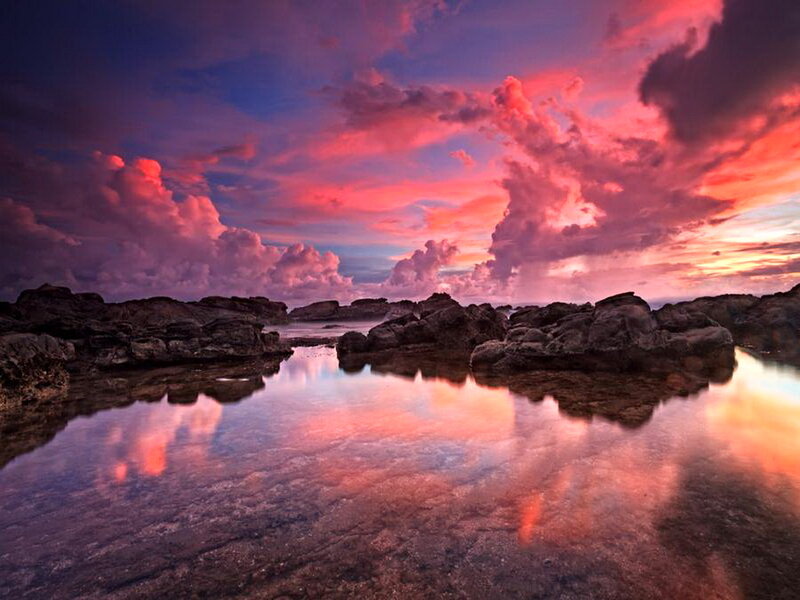 Rocky Shoreline at Sunset — Pink, Dramatic, Photograph, Rocks