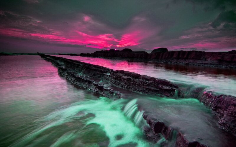 Rocky Shoreline at Sunset — Pink, Dramatic, Photograph