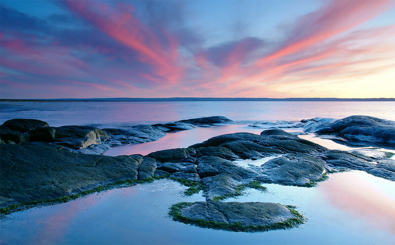 Rocky Shoreline at Sunset — Pink, Serene, Photograph, Rocks