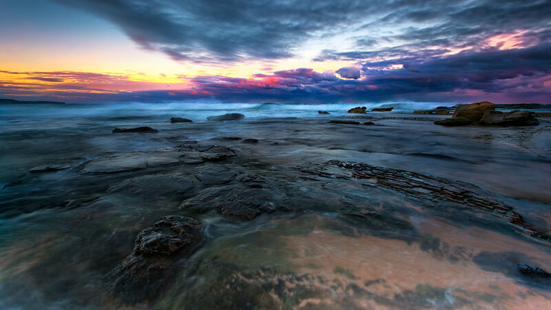 Rocky Shoreline at Sunset — Purple, Dramatic, Photograph, Ocean, Clouds, Rocks