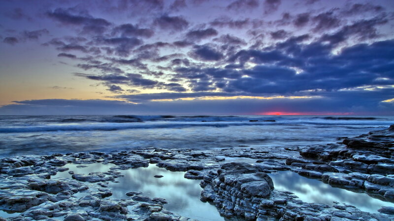 Rocky Shoreline at Sunset — Purple, Dramatic, Photograph, Ocean, Clouds