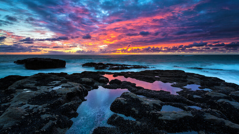 Rocky Shoreline at Sunset — Purple, Dramatic, Photograph, Ocean, Sky, Clouds