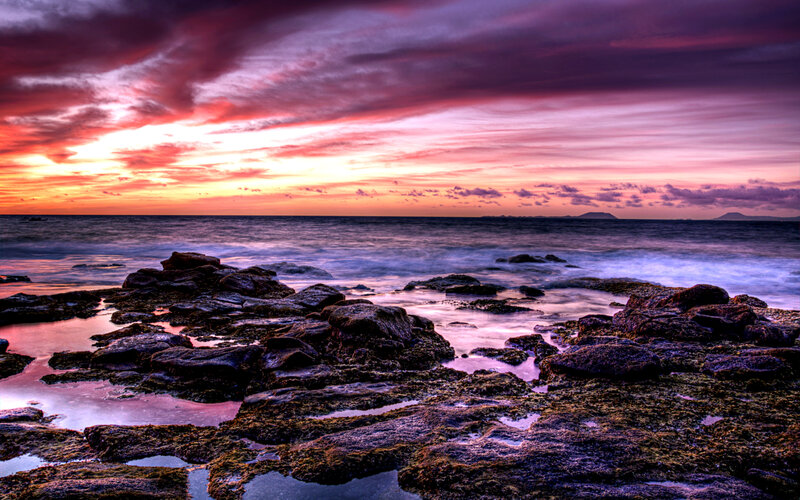 Rocky Shoreline at Sunset — Purple, Dramatic, Photograph, Ocean