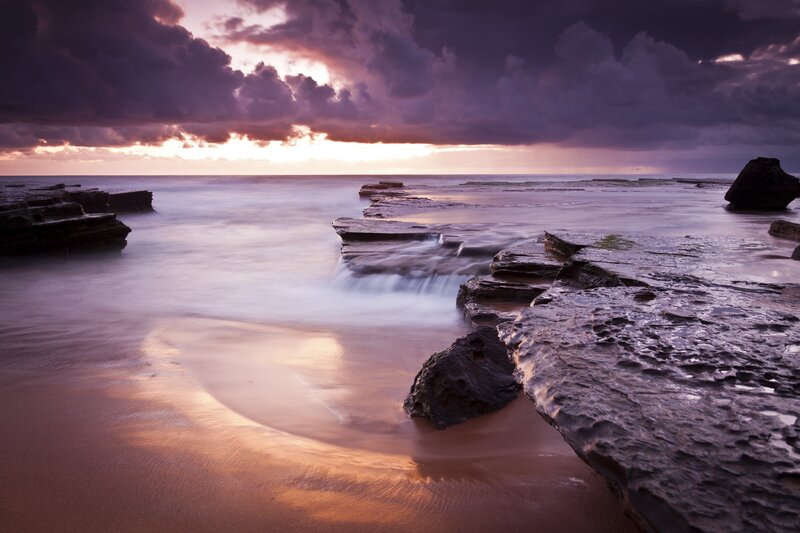 Rocky Shoreline at Sunset — Purple, Dramatic, Photograph, Rocks, Ocean, Sky, Orange