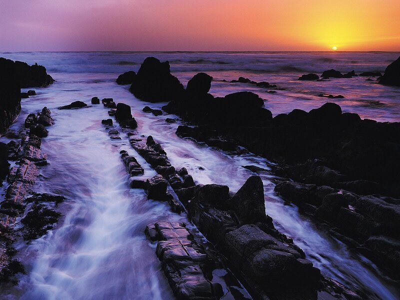 Rocky Shoreline at Sunset — Purple, Dramatic, Photograph, Rocks, Ocean, Sun