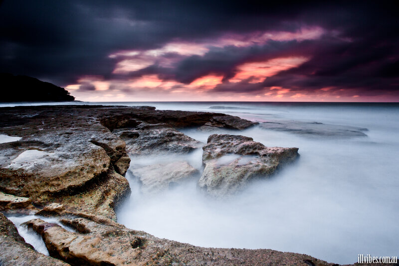 Rocky Shoreline at Sunset — Purple, Dramatic, Photograph, Rocks