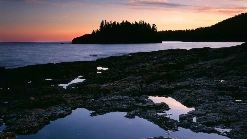 Rocky Shoreline at Sunset — Purple, Serene, Photograph, Island