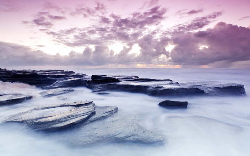 Rocky Shoreline at Sunset — Purple, Serene, Photograph, Rocks, Ocean, Clouds
