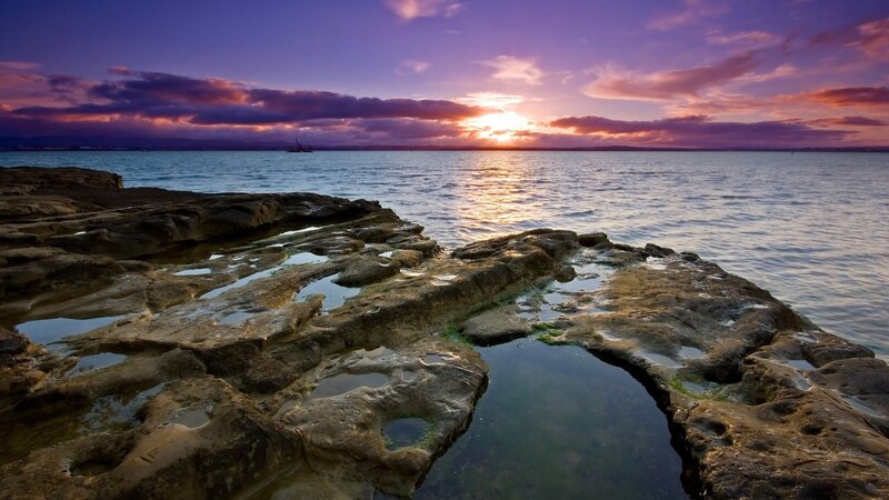 Rocky Shoreline at Sunset — Purple, Serene, Photograph, Sea, Sky, Clouds