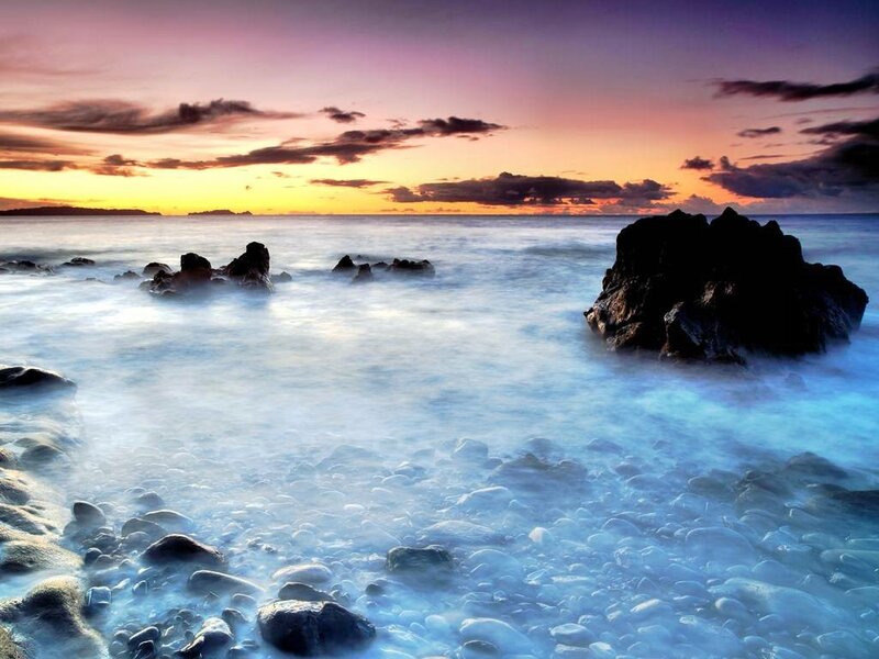 Rocky Shoreline at Sunset — Purple, Serene