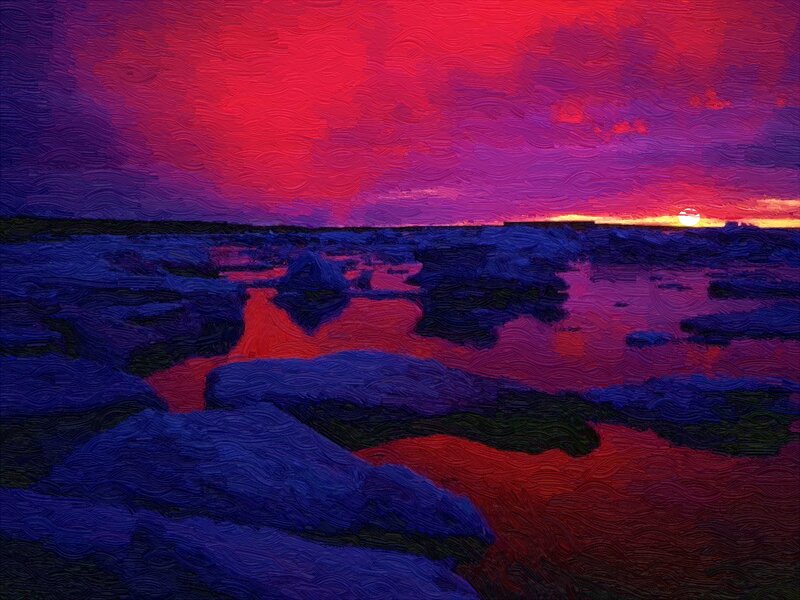 Rocky Shoreline at Sunset — Red, Dramatic, Painting