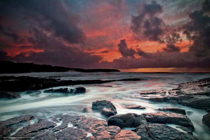 Rocky Shoreline at Sunset — Red, Dramatic, Photograph, Ocean, Clouds, Rocks