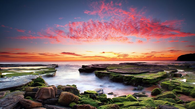 Rocky Shoreline at Sunset — Red, Dramatic, Photograph, Ocean