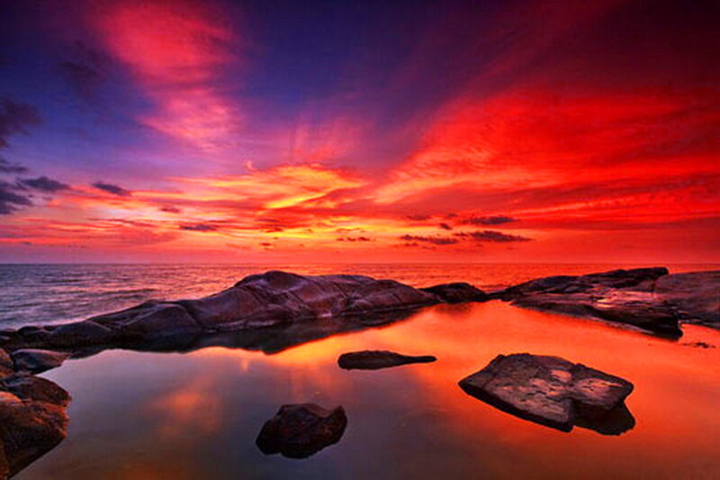 Rocky Shoreline at Sunset — Red, Dramatic, Photograph, Rocks